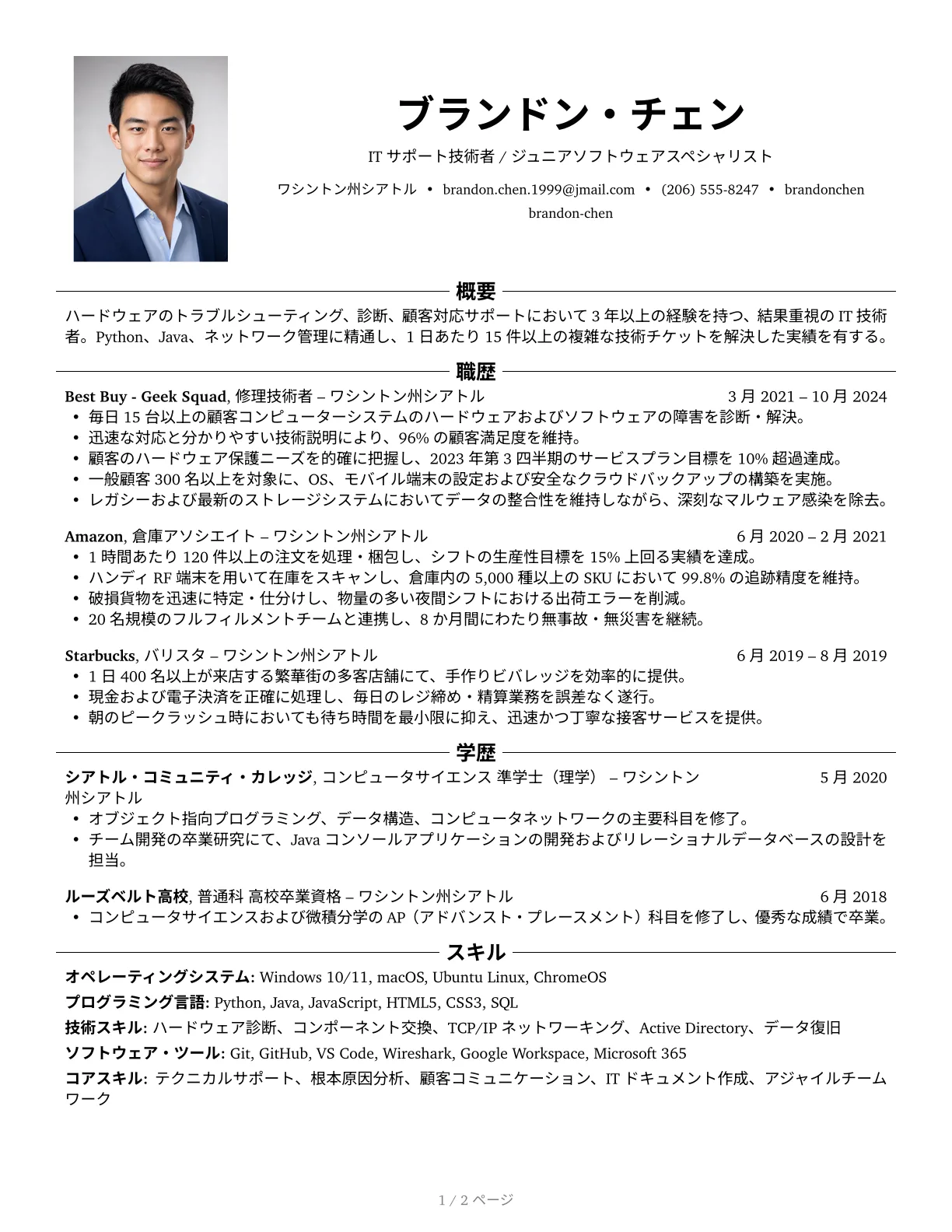 ハーバード式履歴書テンプレートのプレビュー