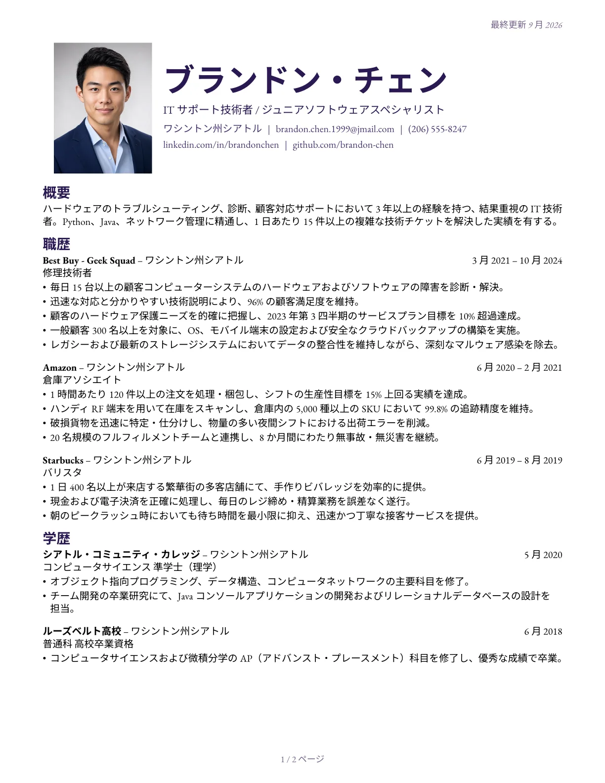 Ink 履歴書テンプレートのプレビュー