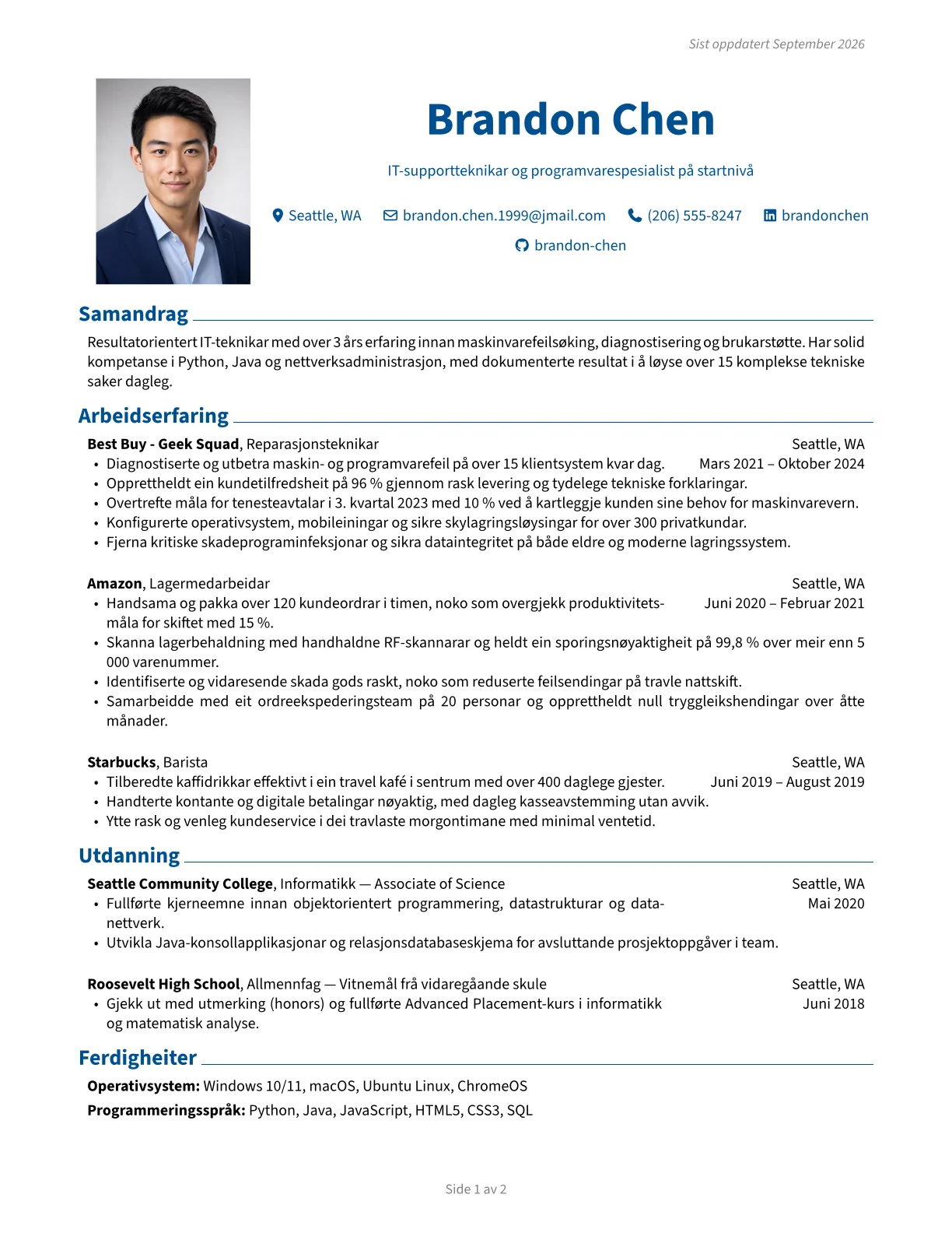 Førehandsvising av klassisk CV-mal