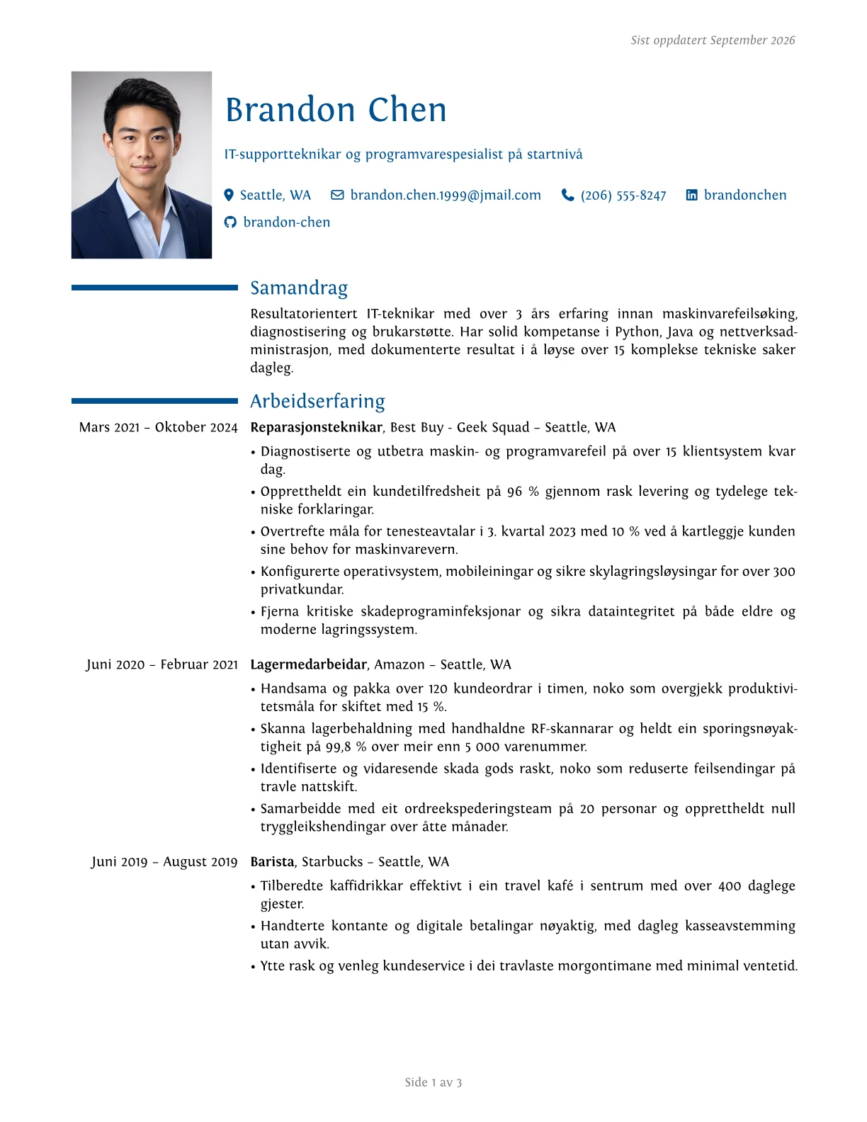 Førehandsvising av ModernCV-CV-mal